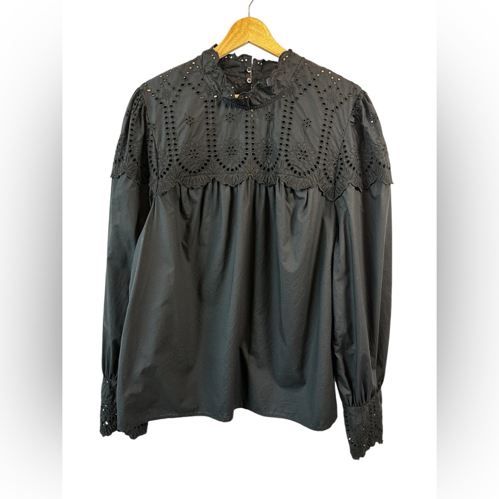 GAP Long Sleeve Eyelet Mock Collar Black Blouse Women's XL Tall